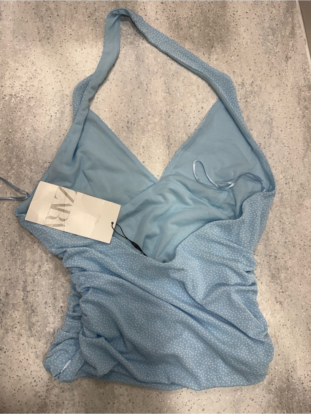 Zara printed tulle top Light Blue white polka dots Halter V-Neck Ruched Tank Top - Picture 4 of 4